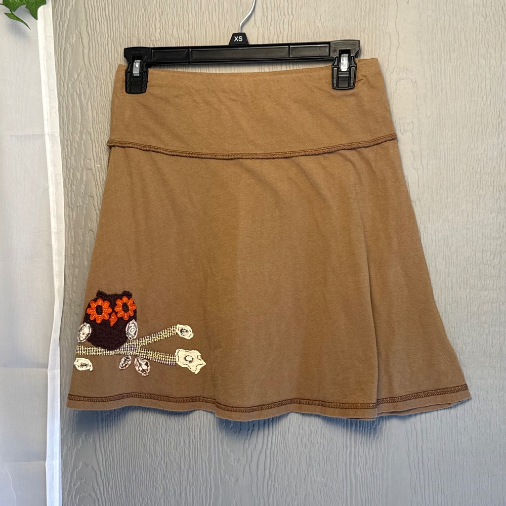 Natural Life Brown Owl Applique Cotton Mini Skirt S/M Boho A-Line Camel